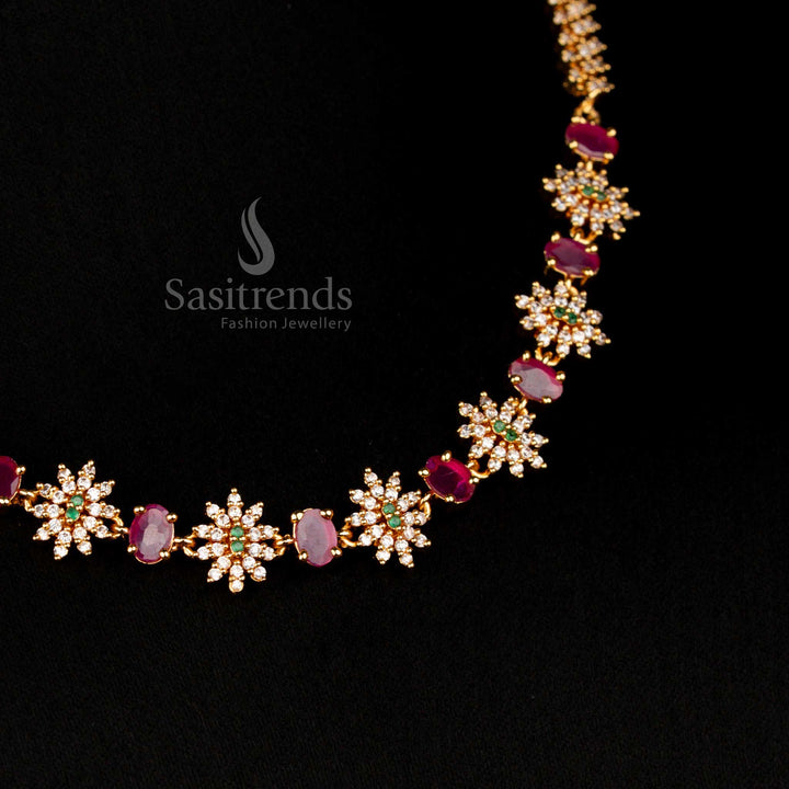 Opulent tradition micro gold plated American Diamond floral vine necklace jewellery set embellished with dazzling multi-colour oval gems for vibrant wedding elegance – Sasitrends