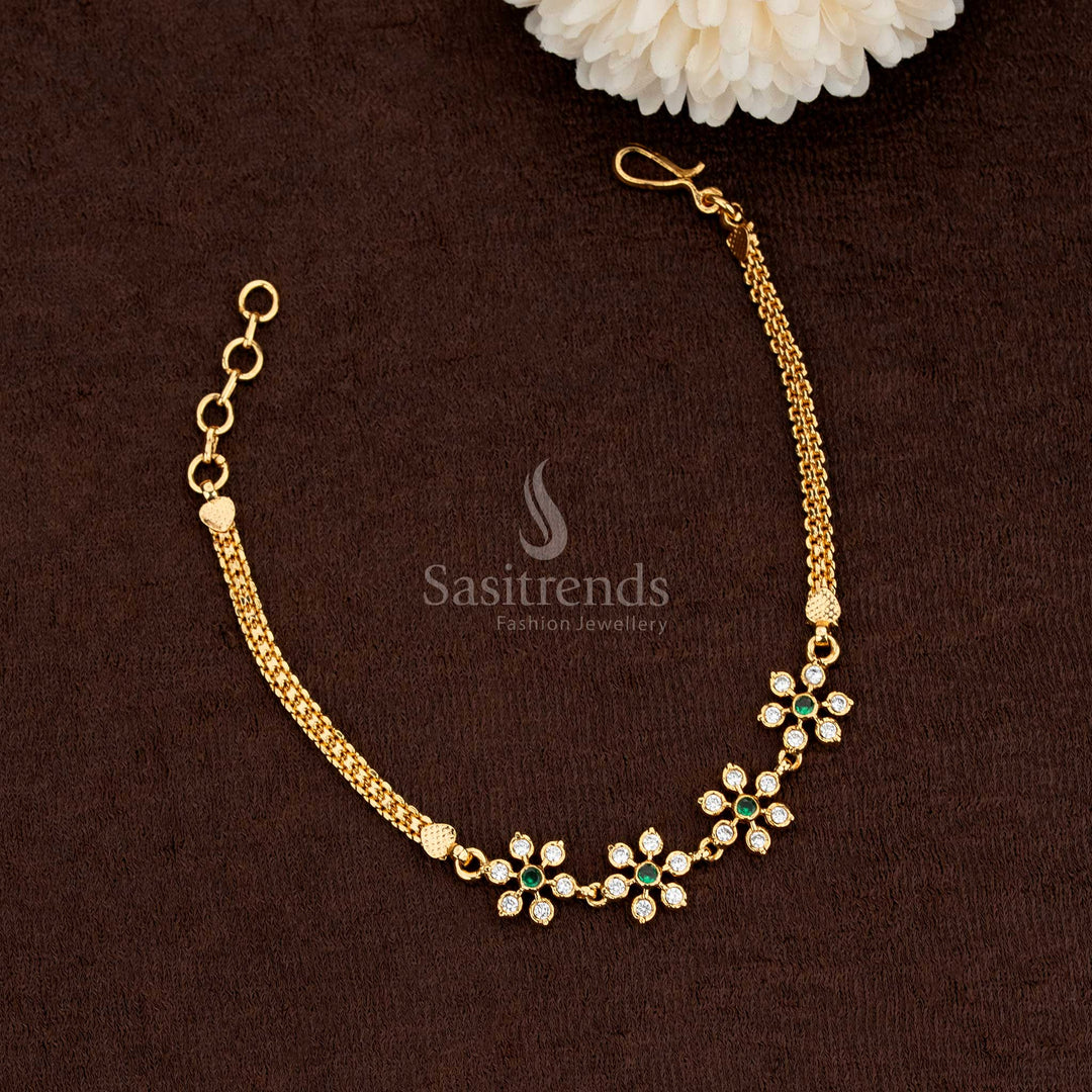 Regal Impon Addigai Micro Gold Plated Spiral Floral AD Stone Bracelet Set – White and green combination with premium festive grandeur – Sasitrends