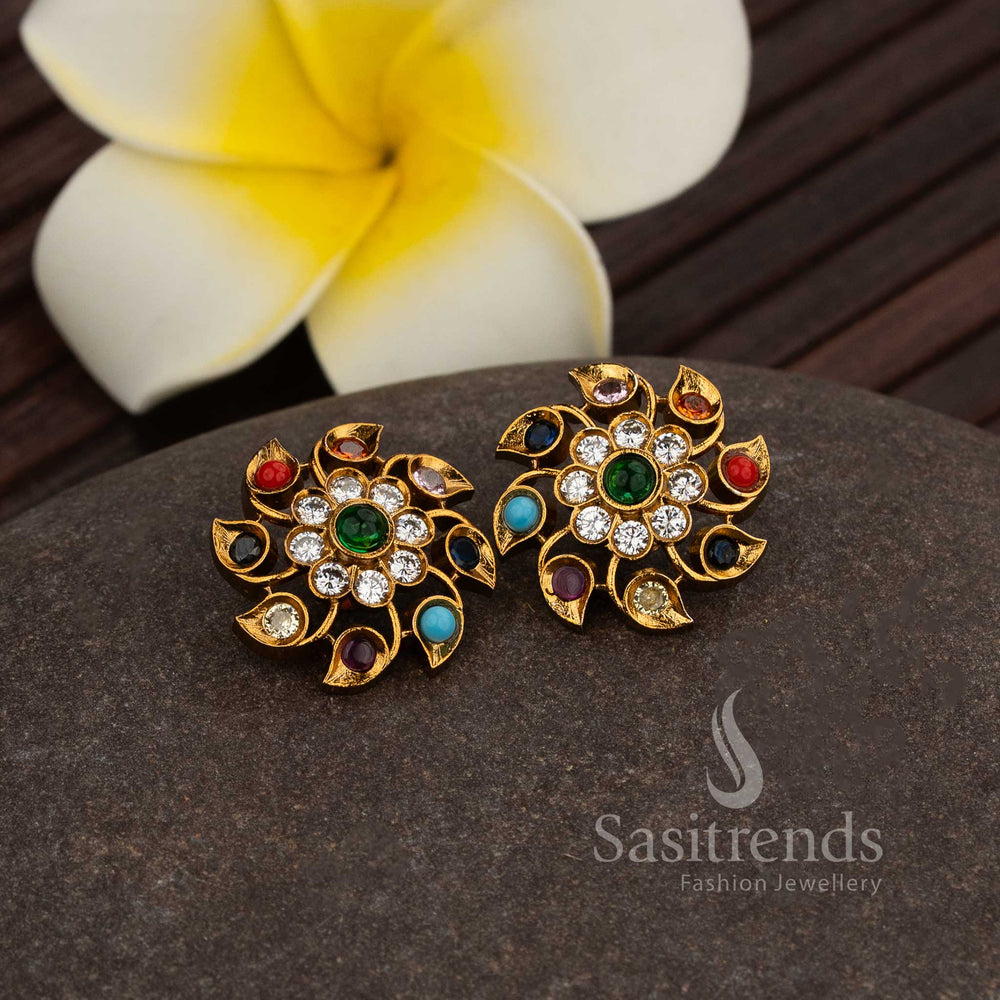 Traditional Matte Gold Spiral Floral Stud Earrings Featuring Navarathna American Diamond Stone Enhancements, A Festive Classic Jewellery Design Ideal For Weddings And Temple Wear Collections By Sasitrends