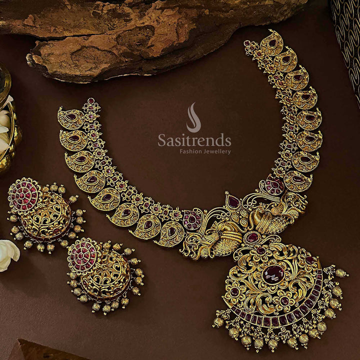 Trendy Traditional Bridal Wear Temple Matte Gold Plated Peacock Floral Pendant Jewellery Set for Women with Matching Jhumkas
