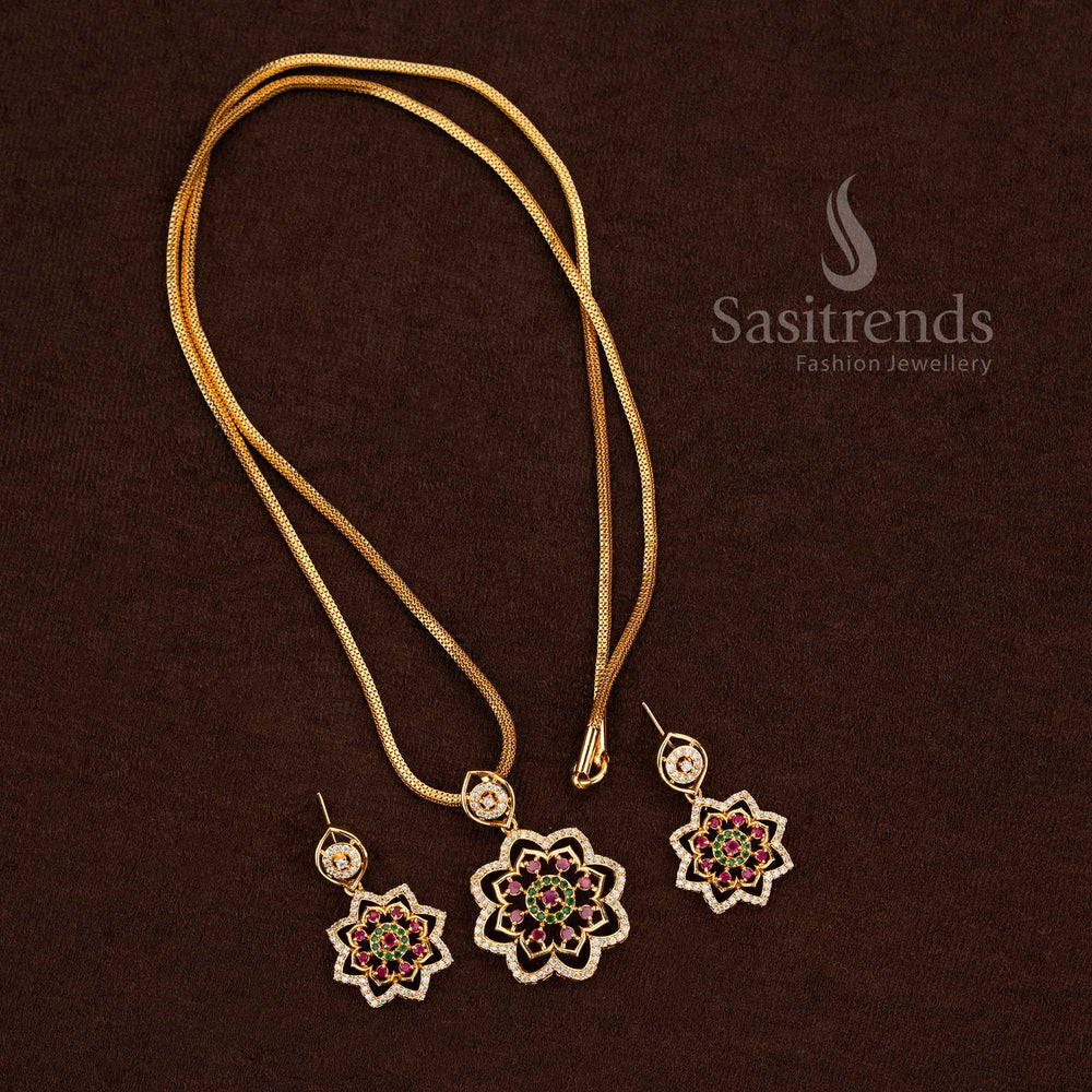 Radiant multi-colour American Diamond floral pendant chain with multi-gem earrings perfect for weddings and celebratory Jewellery - Sasitrends