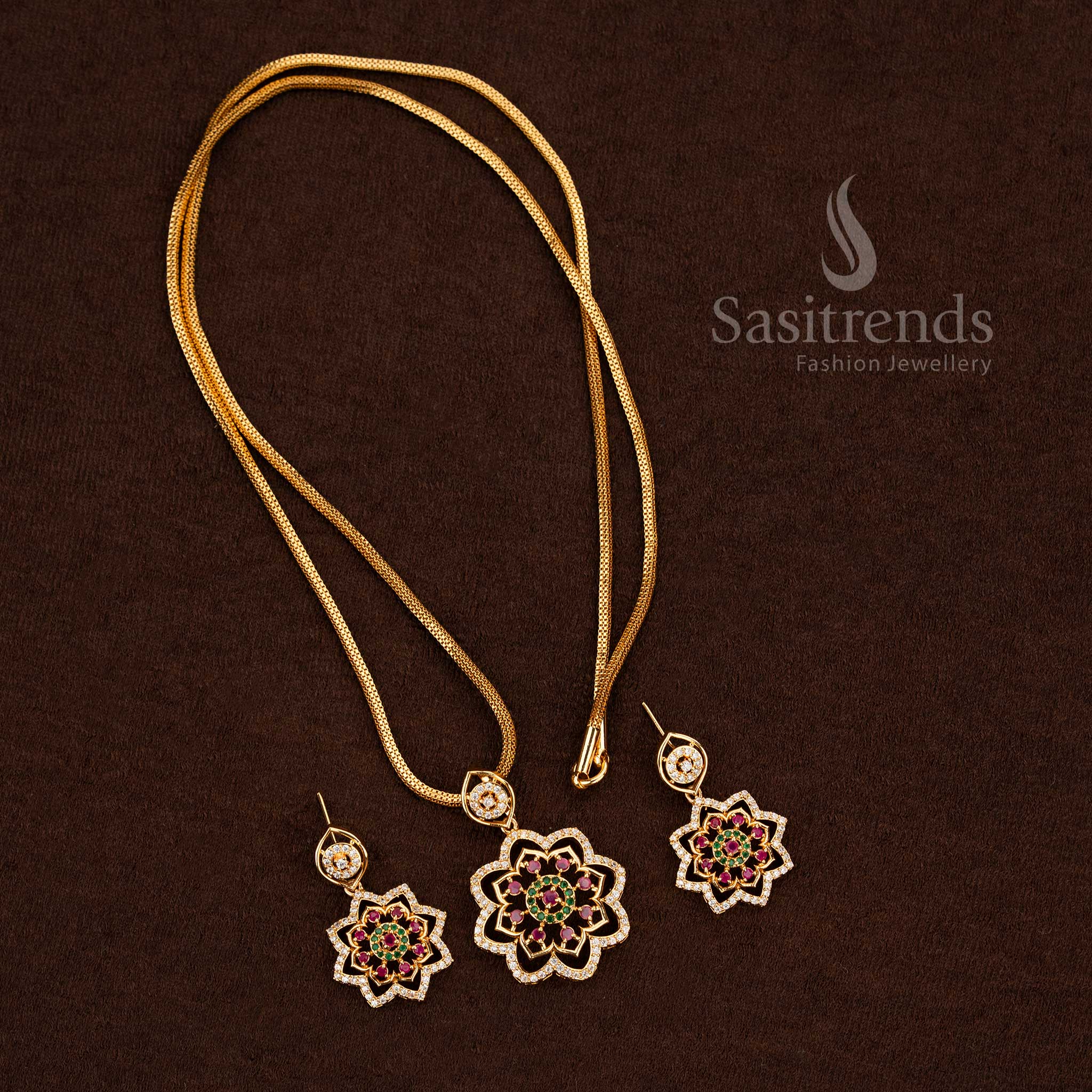 Radiant multi-colour American Diamond floral pendant chain with multi-gem earrings perfect for weddings and celebratory Jewellery - Sasitrends