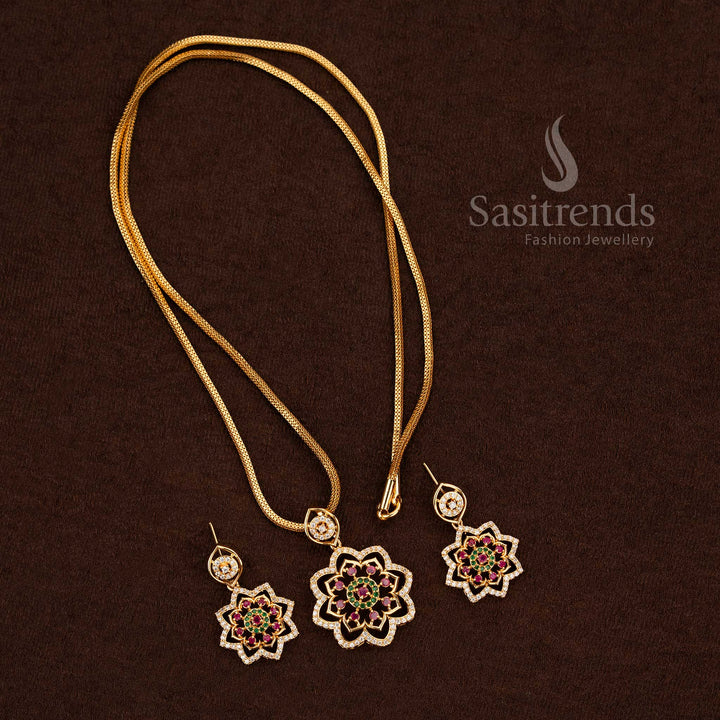 Radiant multi-colour American Diamond floral pendant chain with multi-gem earrings perfect for weddings and celebratory Jewellery - Sasitrends