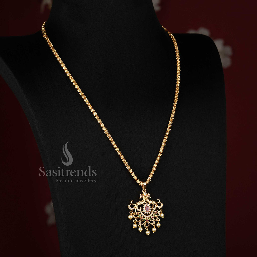 Elegant micro gold plated Dasavathram chain necklace with peacock design pendant for women, inspired by South Indian ethnic jewellery traditions – Sasitrends
