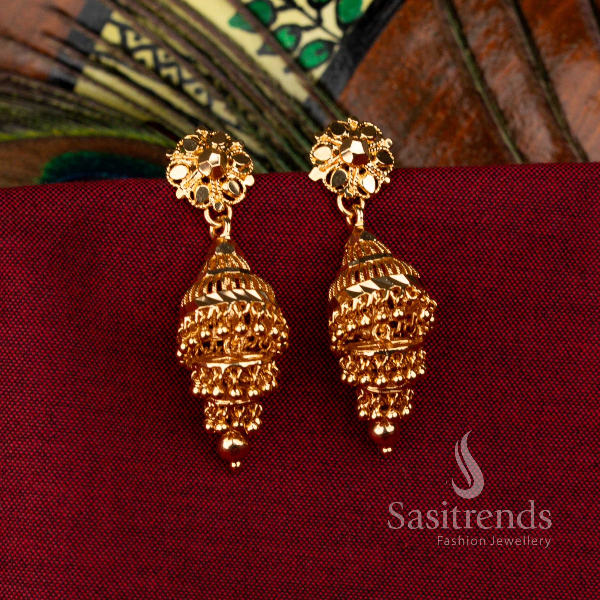Splendid Micro Gold Plated 3 Step Temple Jhumka Earrings, Perfect for Festivals and Cultural Gatherings – Sasitrends