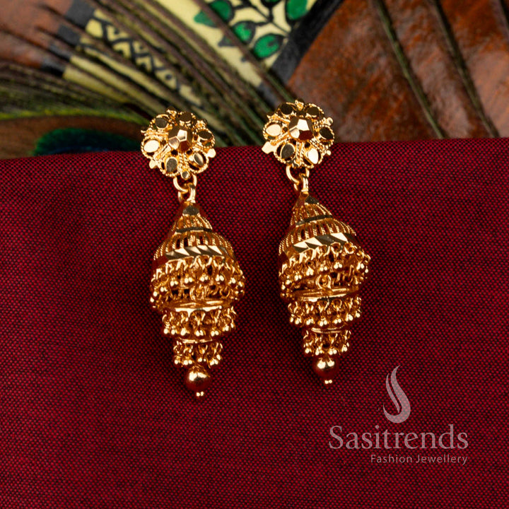 Splendid Micro Gold Plated 3 Step Temple Jhumka Earrings, Perfect for Festivals and Cultural Gatherings – Sasitrends