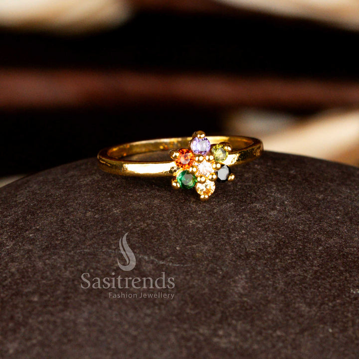 Temple style micro gold plated AD floral multi stone traditional ring ideal for spiritual ceremonies and festive events – Sasitrends