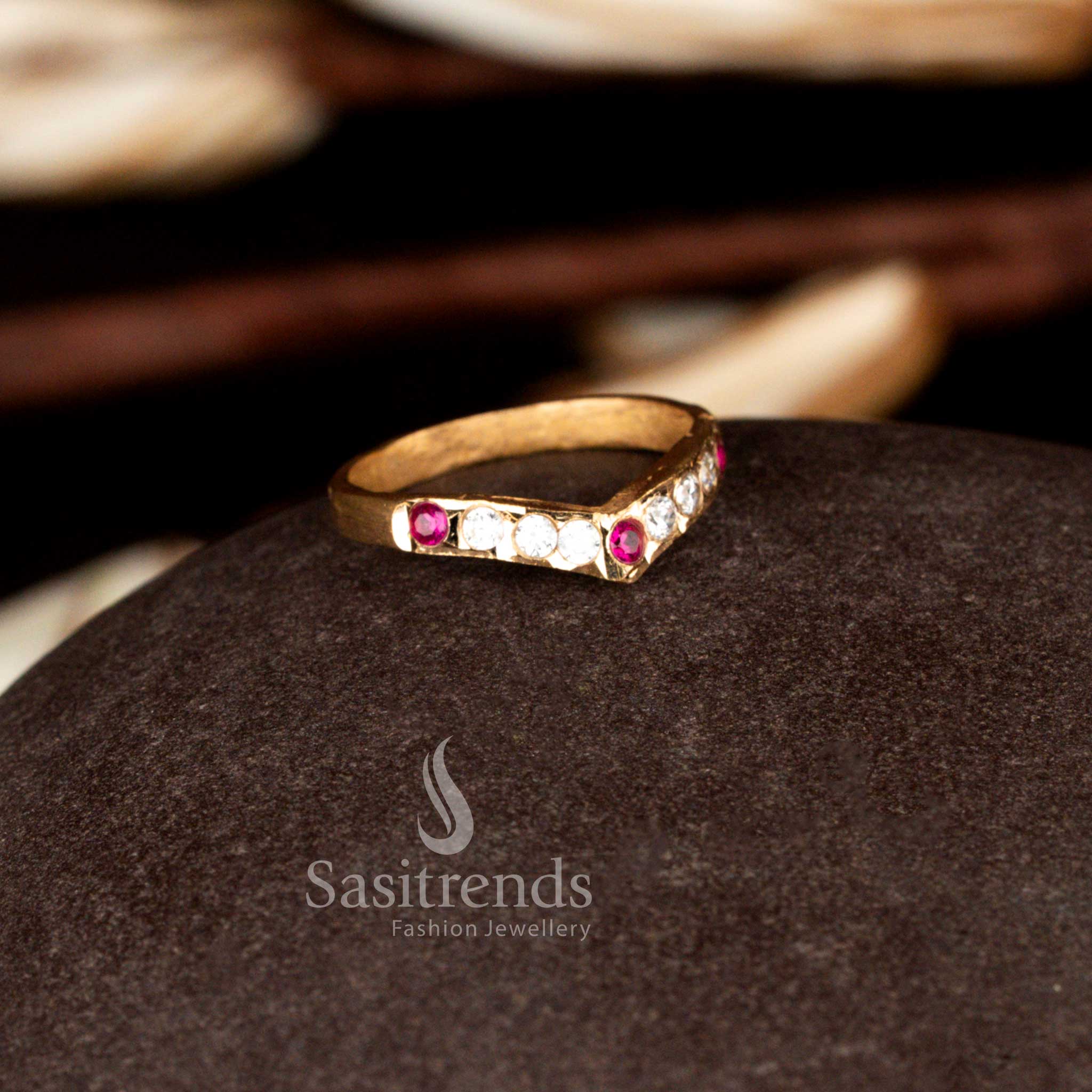 Festive white ruby V shaped wishbone ring from Impon Addigai collection highlighted with radiant AD stones for cultural celebrations – Sasitrends