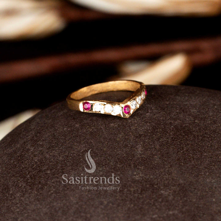 Festive white ruby V shaped wishbone ring from Impon Addigai collection highlighted with radiant AD stones for cultural celebrations – Sasitrends