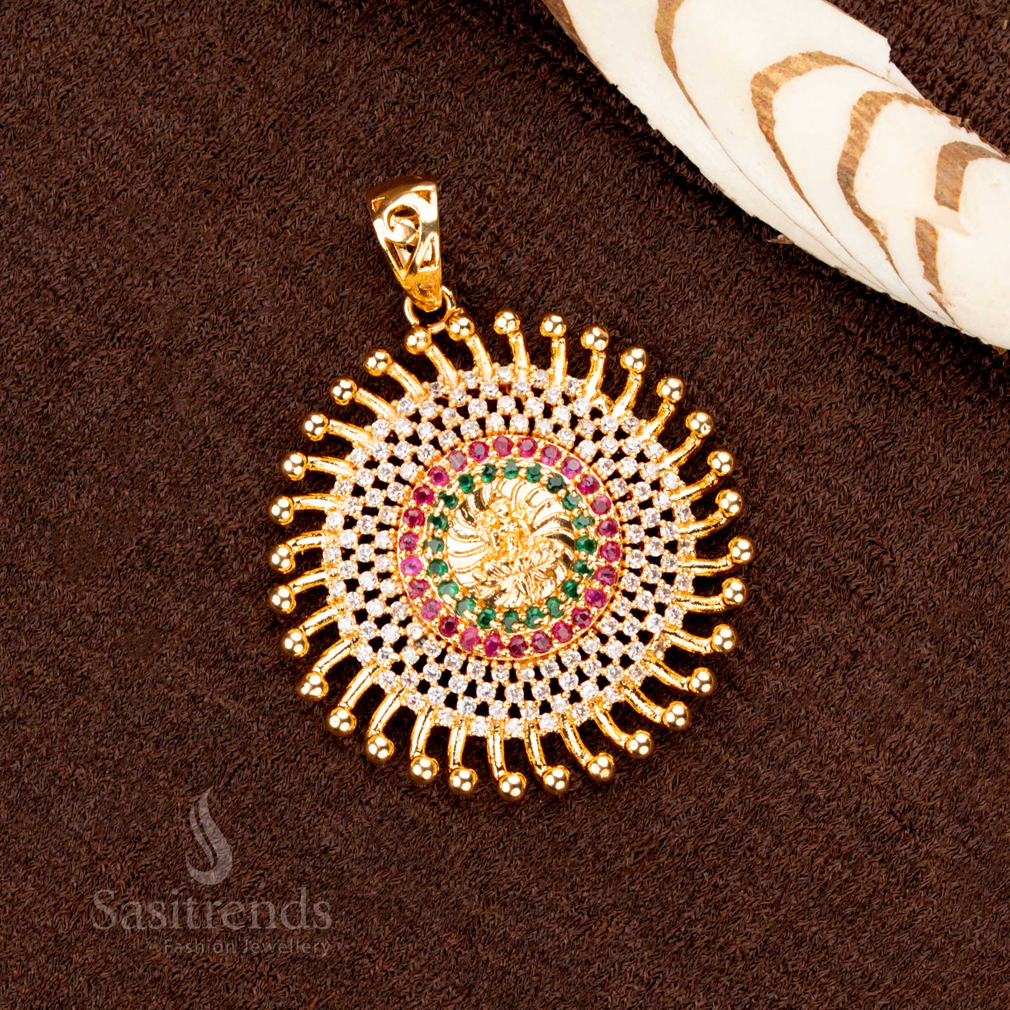 Majestic gold plated Lakshmi pendant, designed with glowing multi-color stones, a luxurious festive jewellery treasure - Sasitrends