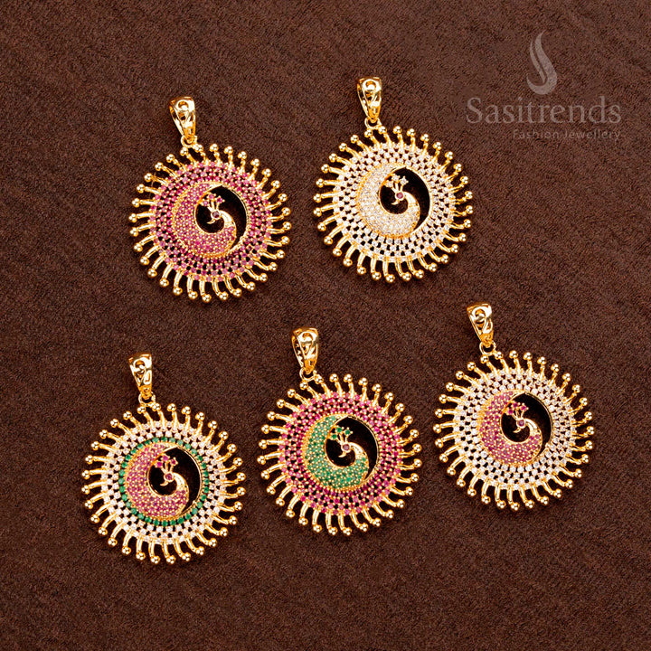 Radiant one-gram gold plated peacock pendant, beautifully crafted with gleaming stones, an elegant festive jewellery piece - Sasitrends