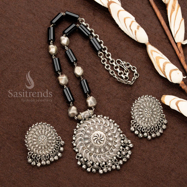 Oxidised Traditional Floral Statement Necklace Jewellery Set With Bold Round Pendant – Perfect for Saree Styling, Navaratri & Festive Looks - Sasitrends