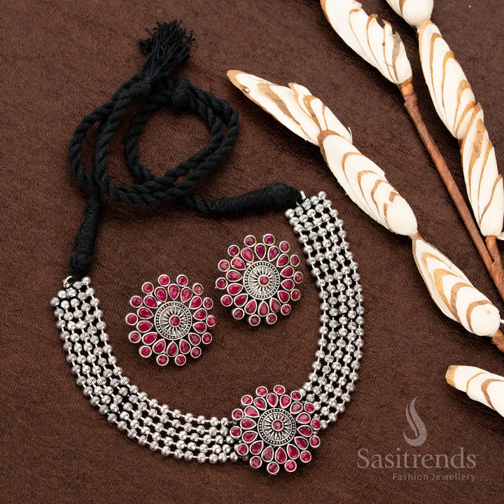 Oxidised German Silver Stone Studded Floral Pendant Four-Line Ball Choker Set – Traditional Wear Jewellery for Navaratri & Festive Looks - Sasitrends