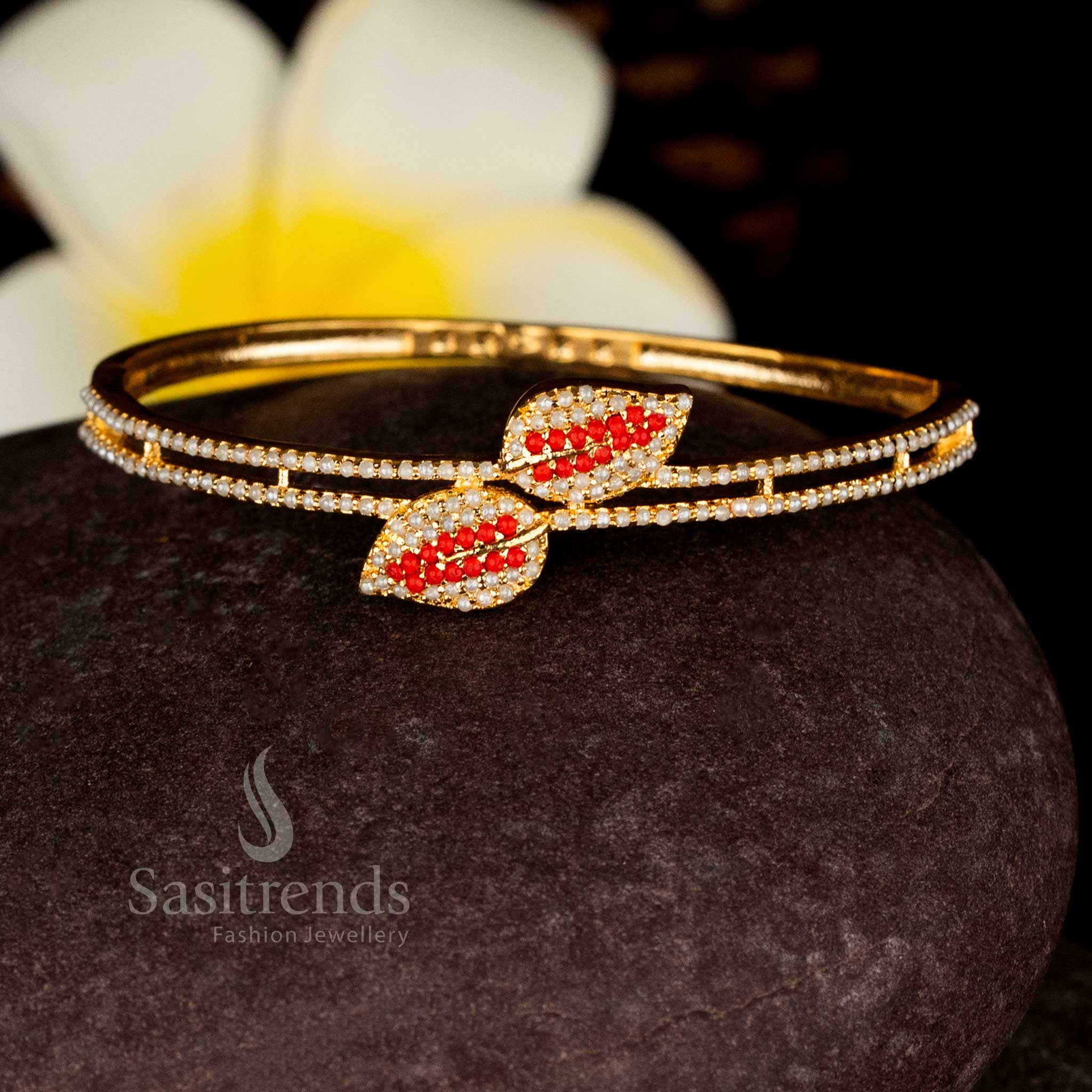 Opulent pearl pavalam micro gold plated leaf openable bracelet bangle for festive luxury and evening celebrations – Sasitrends