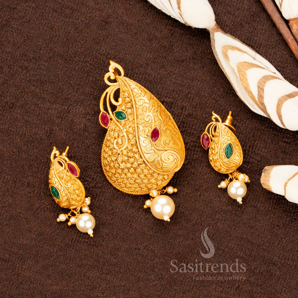 Opulent Micro Gold Plated Ruby-Green Floral AD Stone Pendant with Matching Earrings – Heritage Inspired Festive Jewellery – Sasitrends