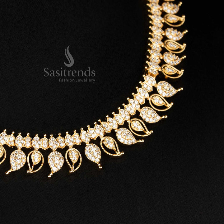 Opulent White American Diamond Micro Gold Plated Mango Motif Necklace Jewellery Set With Vintage Finish And Floral Accents - Sasitrends