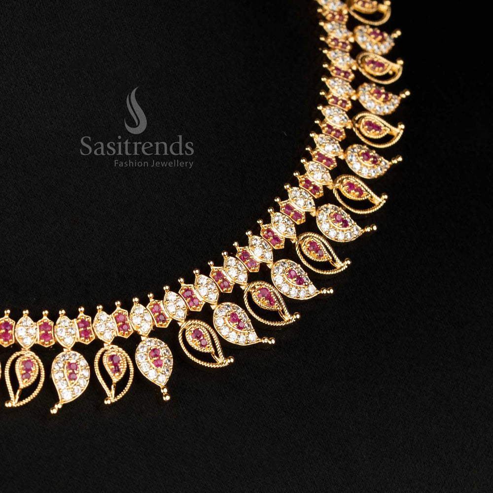 Gorgeous White Ruby Stone American Diamond Micro Gold Plated Mango Pattern Necklace Jewellery Set With Festive Look And Traditional Charm - Sasitrends