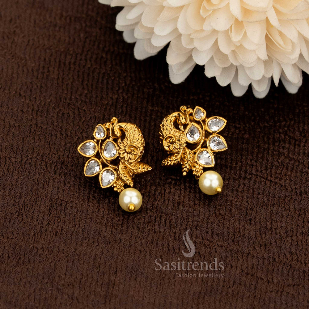 Royal Designer Antique Matte Gold Plated Temple Peacock Stone Earrings For Luxury Traditional Wear - Sasitrends