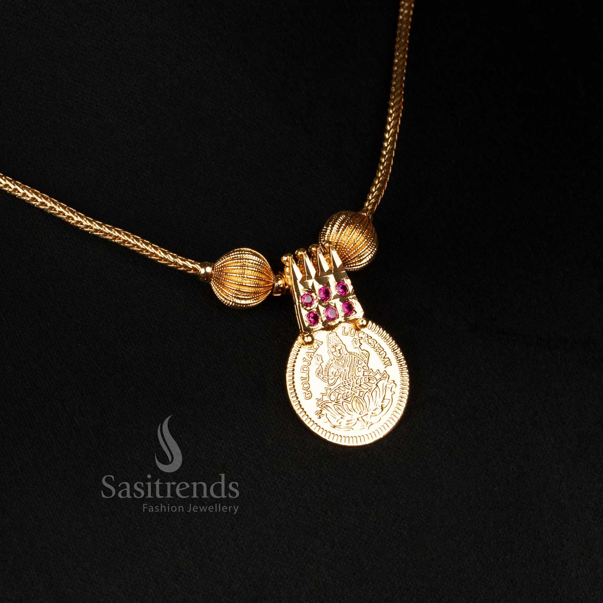 Traditional Micro Gold Plated Lakshmi Coin Necklace with Intricate Stone Studded Frame and Glossy Temple Design for Festive and Wedding Wear, Looks Like Real Gold Jewellery - Sasitrends