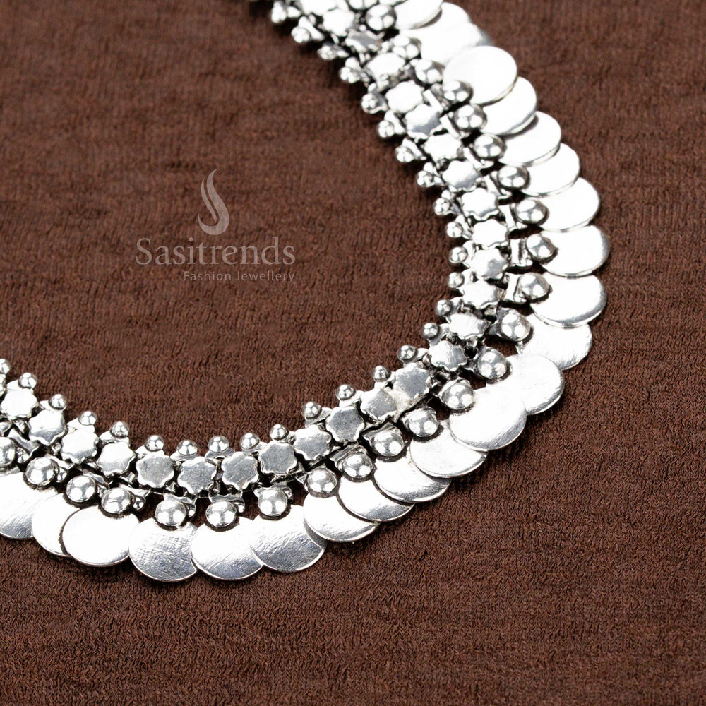 Handcrafted ethnic oxidised German silver choker necklace with artistically designed round disc motifs, inspired by temple jewellery, ideal for Navaratri, weddings - Sasitrends