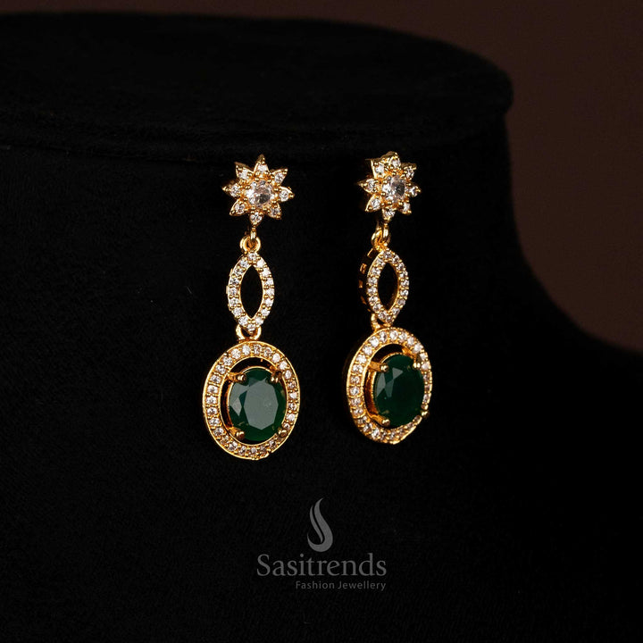 Traditional White Green Stone Micro Gold Plated Floral Leaf Motif Earrings Set With Oval Centerpieces And AD Glow Jewellery - Sasitrends

