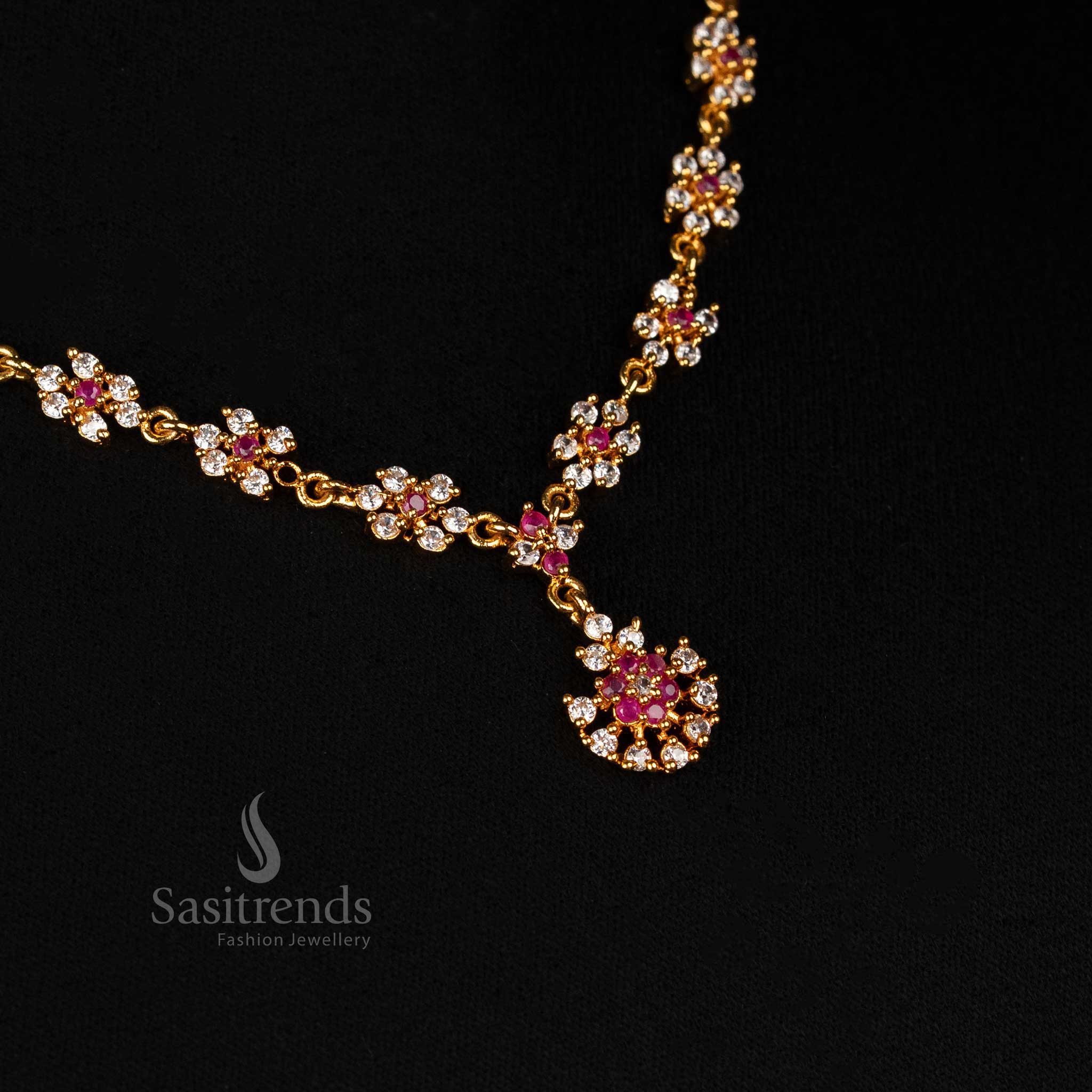Stunning White Ruby American Diamond Micro Gold Plated Floral Necklace Set With Petal Shaped Design And Bright Stone Setting Jewellery - Sasitrends
