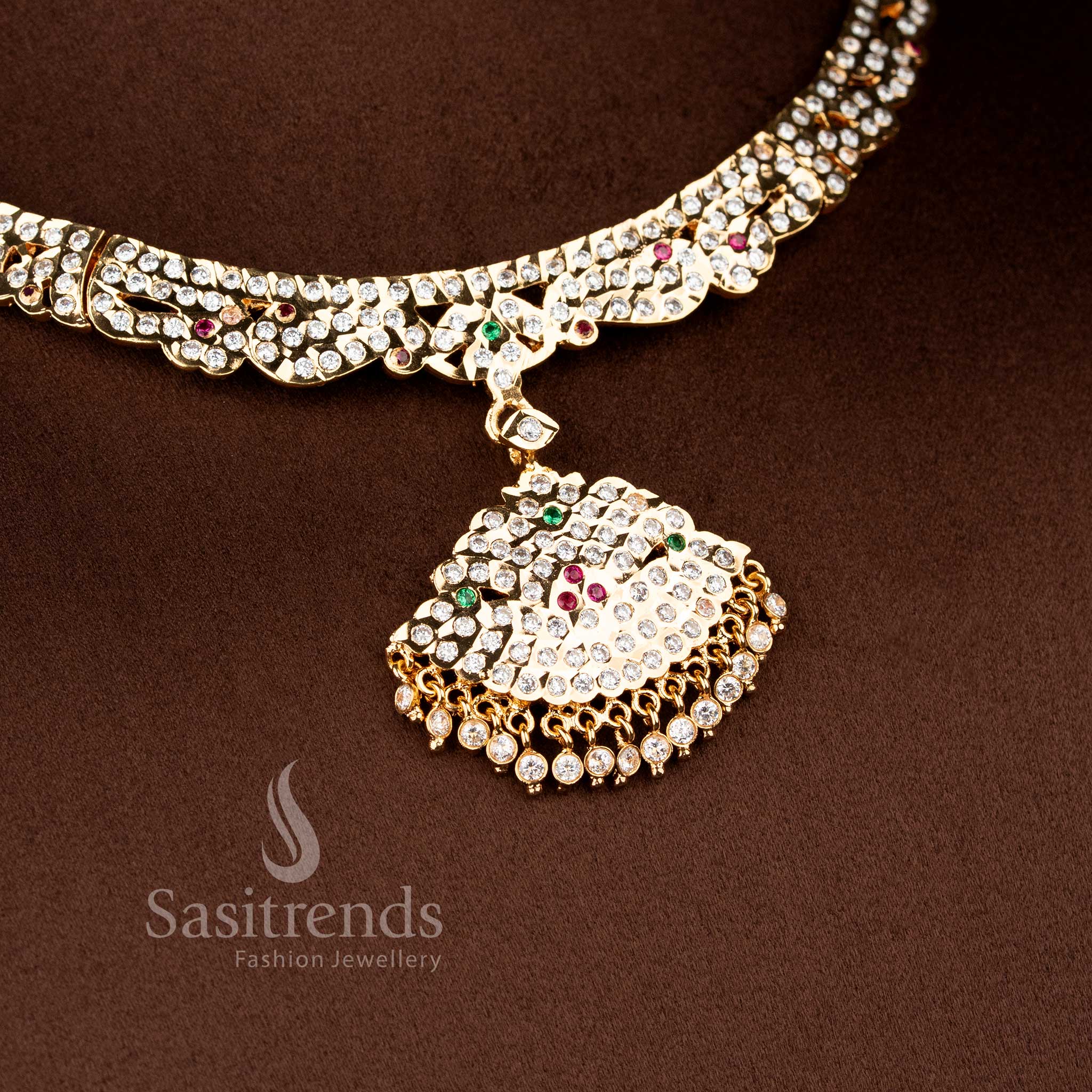 Royal wedding impon attigai necklace in multi shades featuring fan-shaped pendant and exquisite one gram gold finish – Sasitrends