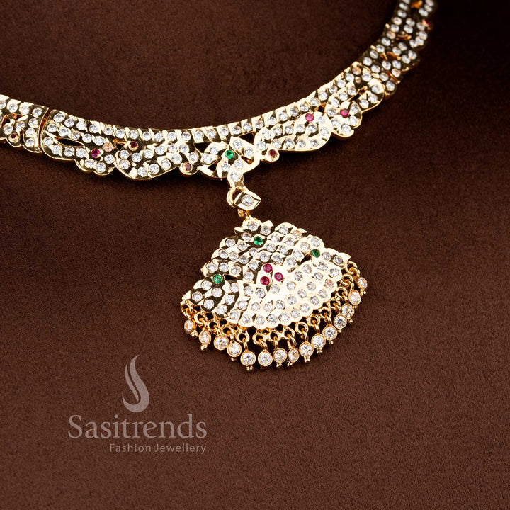 Royal wedding impon attigai necklace in multi shades featuring fan-shaped pendant and exquisite one gram gold finish – Sasitrends