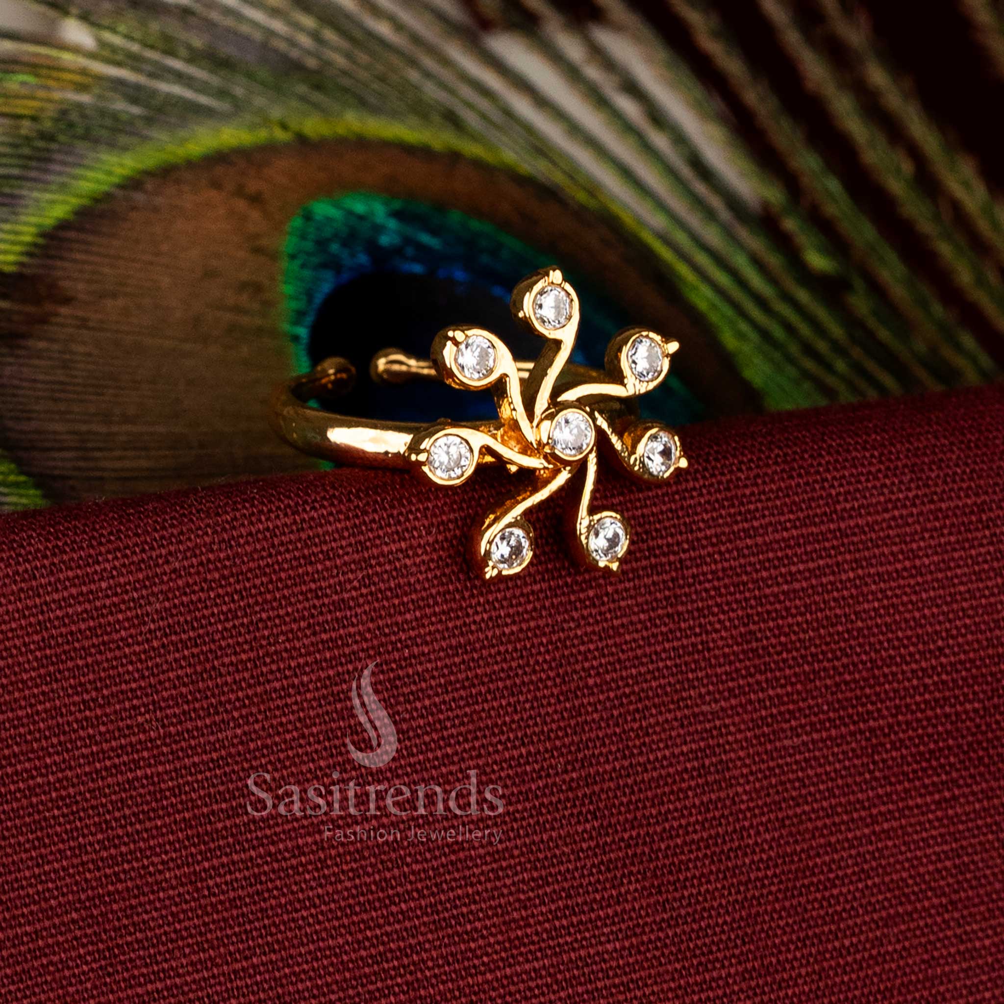 Guaranteed traditional Impon Addigai Micro Gold Plated Floral Adjustable Panchaloha Ring with white American Diamond Stones – Sasitrends