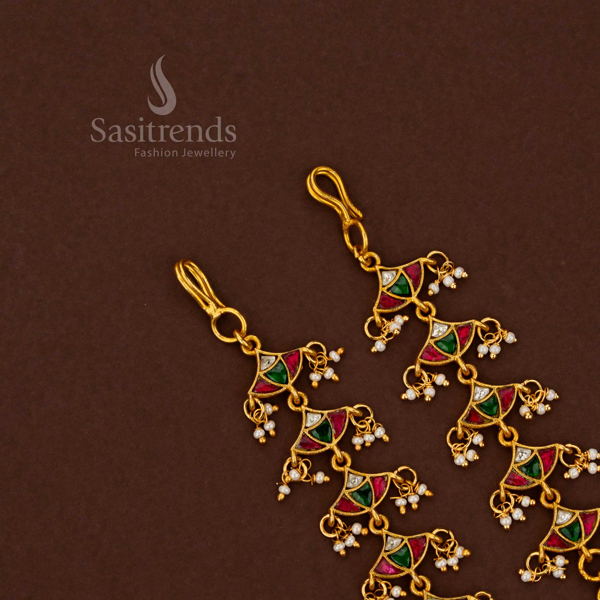 Gorgeous jadau floral tiered pearl hair matil in multicolour finish ideal for bridal hairstyles and cultural functions – Sasitrends