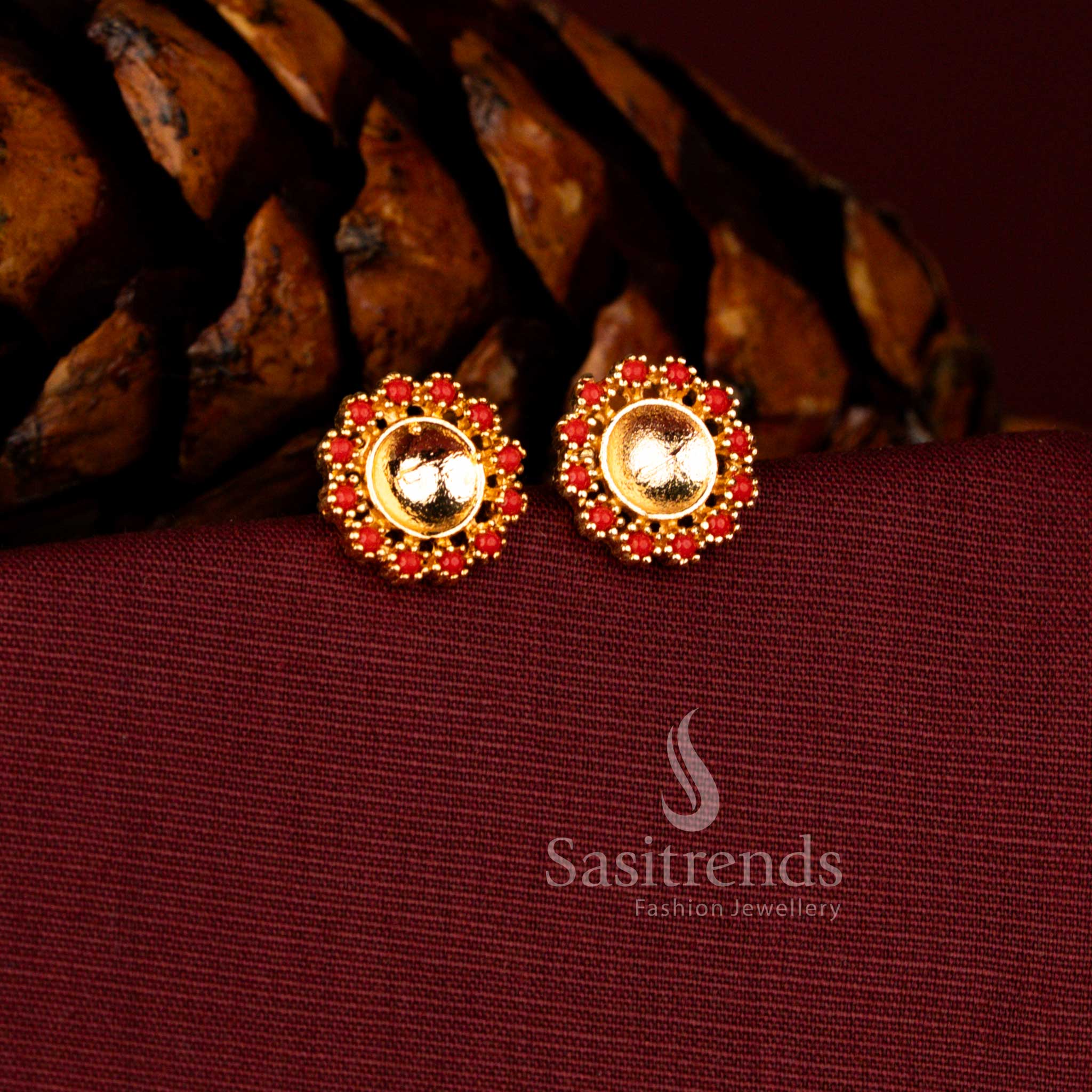 Opulent one gram earrings in pavalam crafted with round sunburst halo design and polished domed gold focal centre – Sasitrends
