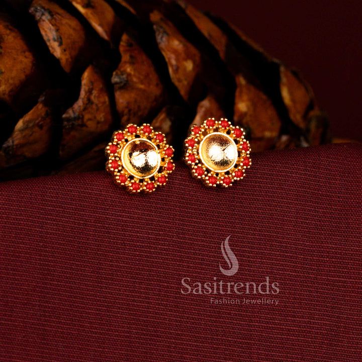 Opulent one gram earrings in pavalam crafted with round sunburst halo design and polished domed gold focal centre – Sasitrends