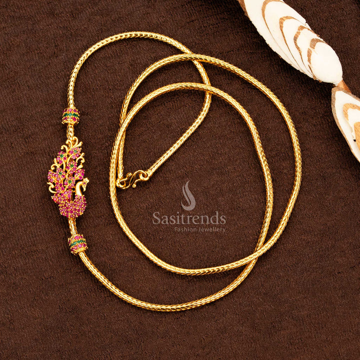 Luxurious ruby-green Peacock Mugappu Chain in one gram micro gold polish, embellished with sparkling AD stones and intricate bird motifs – a regal ethnic bridal jewellery neckpiece designed for traditional celebrations – Sasitrends