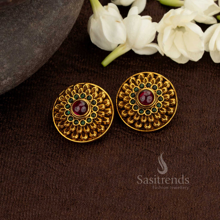 Majestic Dual-Shape Matte Gold Plated Round Floral Earrings with Stone Accent – Perfect for Weddings & Grand Celebrations – Sasitrends