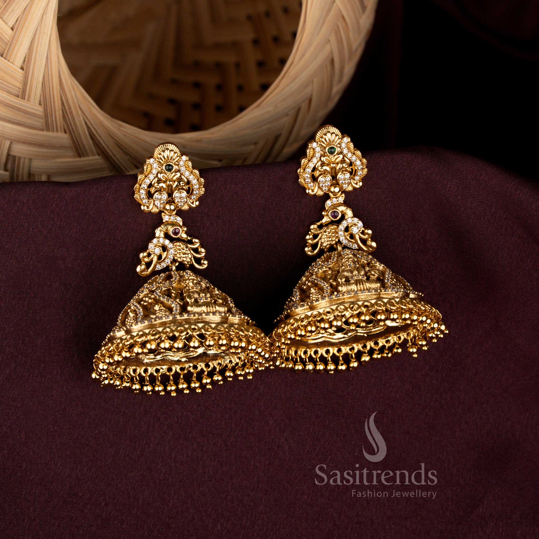 Exquisite peacock stud temple jhumka earrings adorned with radiant matte gold artistry, eternal bead fringes, baroque craftsmanship, and sacred bridal refinement for cultural elegance – Sasitrends