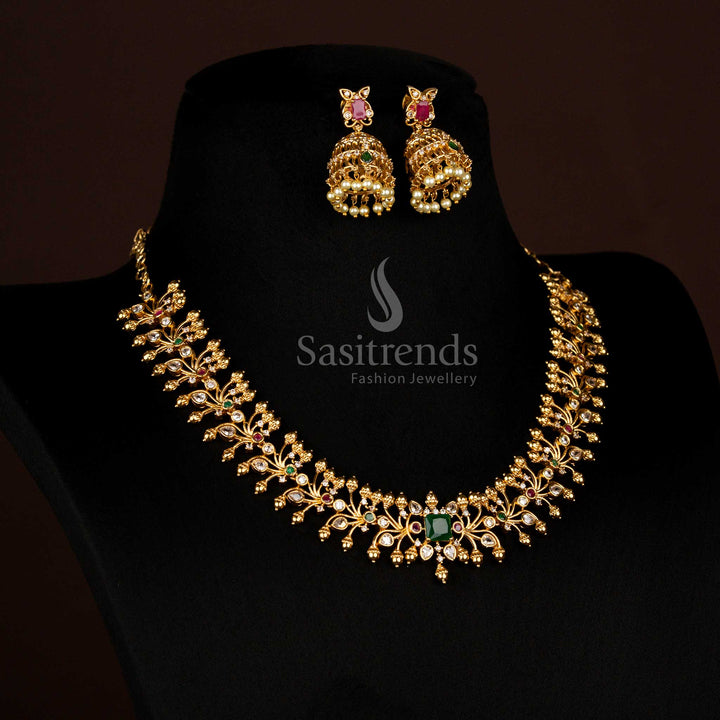 Premium Temple Matte Gold Multi Floral Choker Necklace Set Adorned With AD Stones And Pearl Jhumka Earrings Designed For Grandeur Bridal Look - Sasitrends
