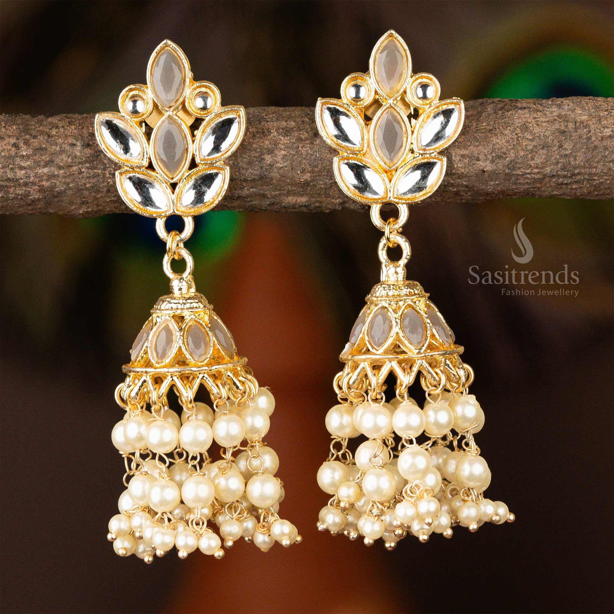 Gray and White Gold Plated Kundan Jhumka Pearl Earrings Sasitrends Online