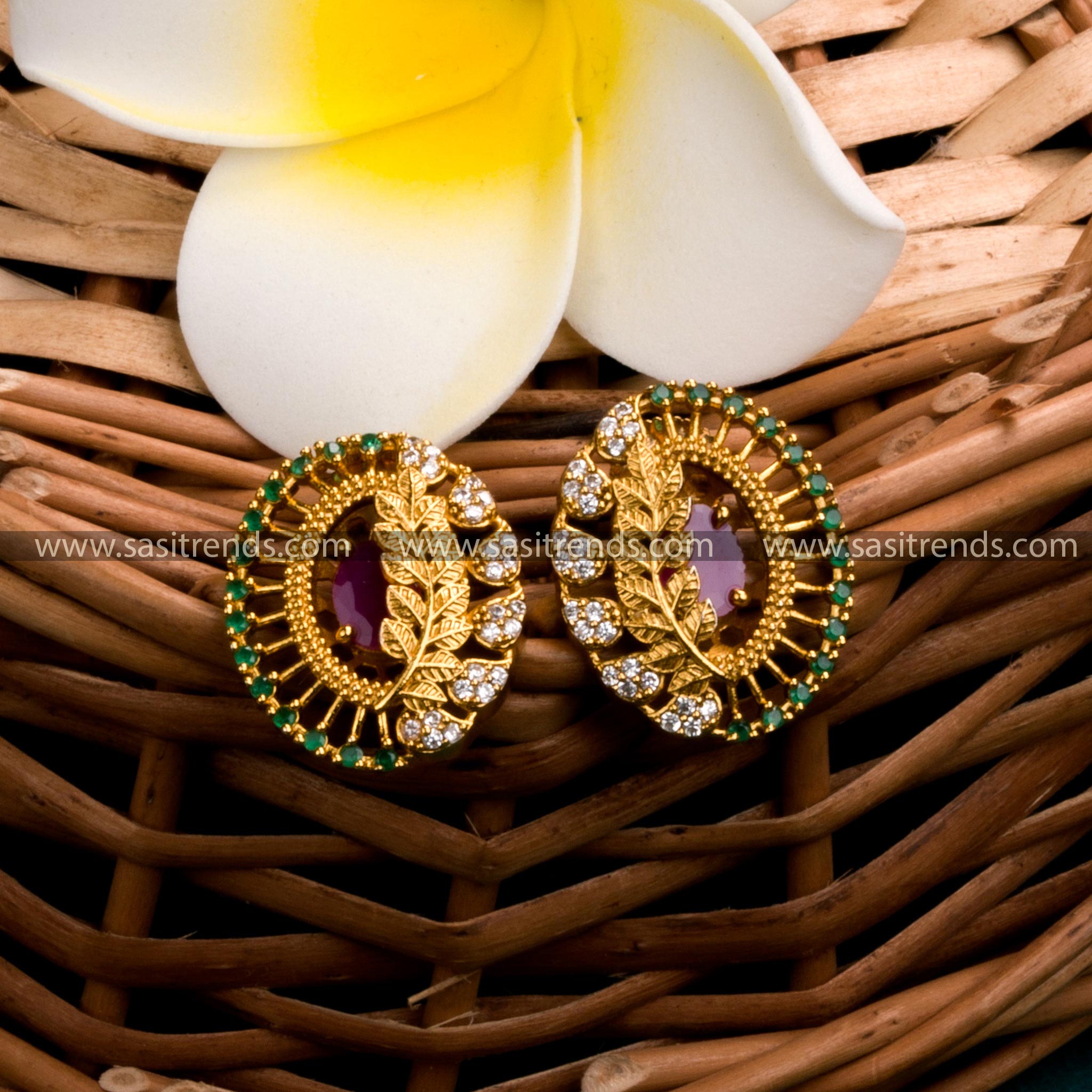 Gorgeous Traditional Temple Gold Tone Leaf Earrings with AD Stones