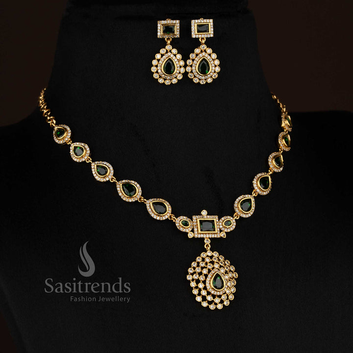 Amazing Matte Gold Plated American Diamond Teardrop with Rectangle Motif Short & Long Necklace Jewellery Set for Stylish Functions