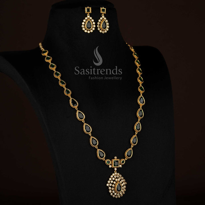 Elegant green American Diamond matte gold plated teardrop stone long necklace suitable for festive celebrations - Sasitrends