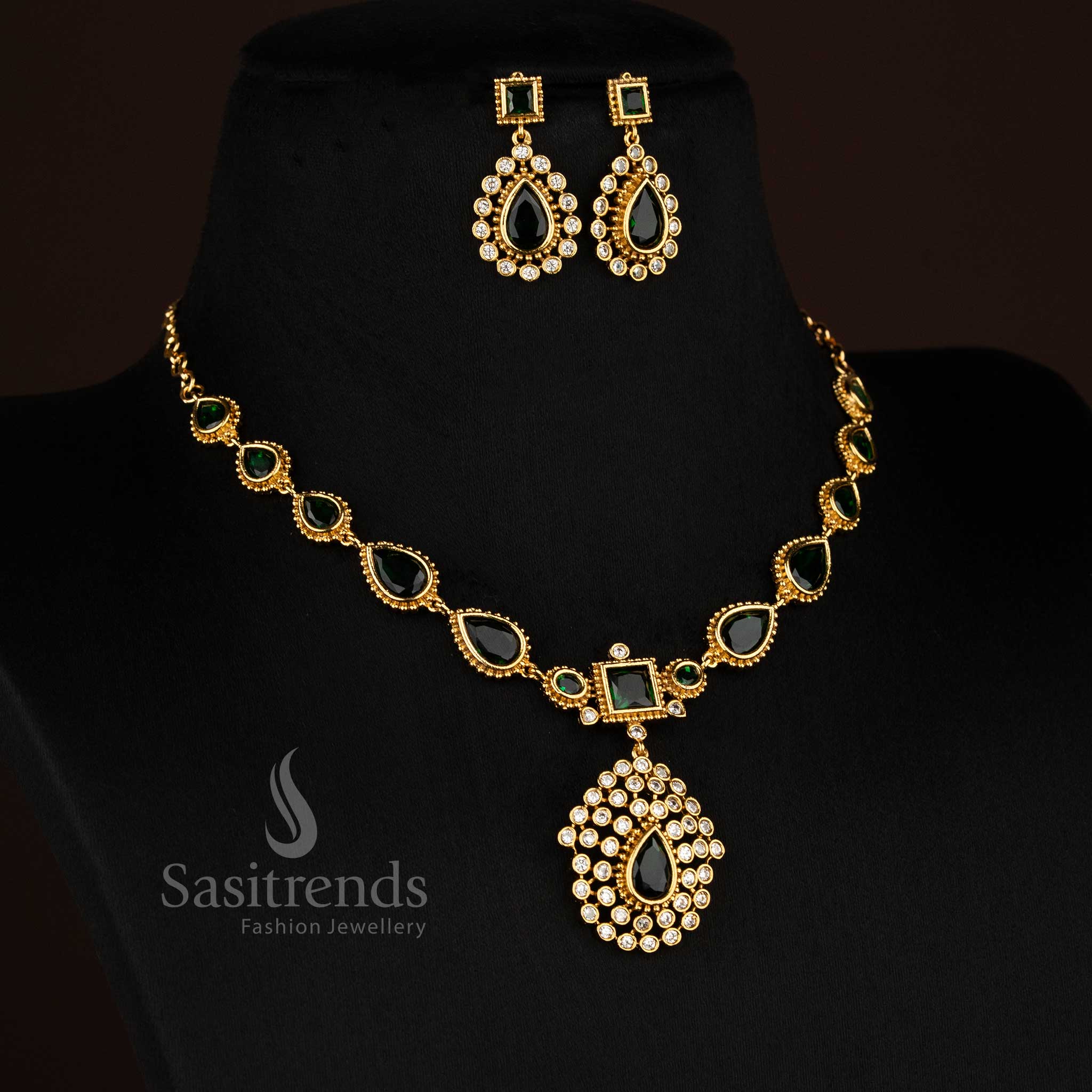 Charming green American Diamond matte gold plated teardrop stone short necklace suited for festive styling - Sasitrends