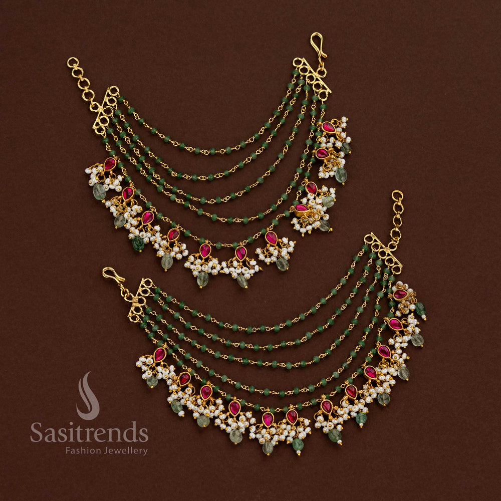 Traditional Jadau Kundan gold plated 5 layer teardrop stone matil with green beads and pearls, ideal for wedding and festive jewellery – Sasitrends