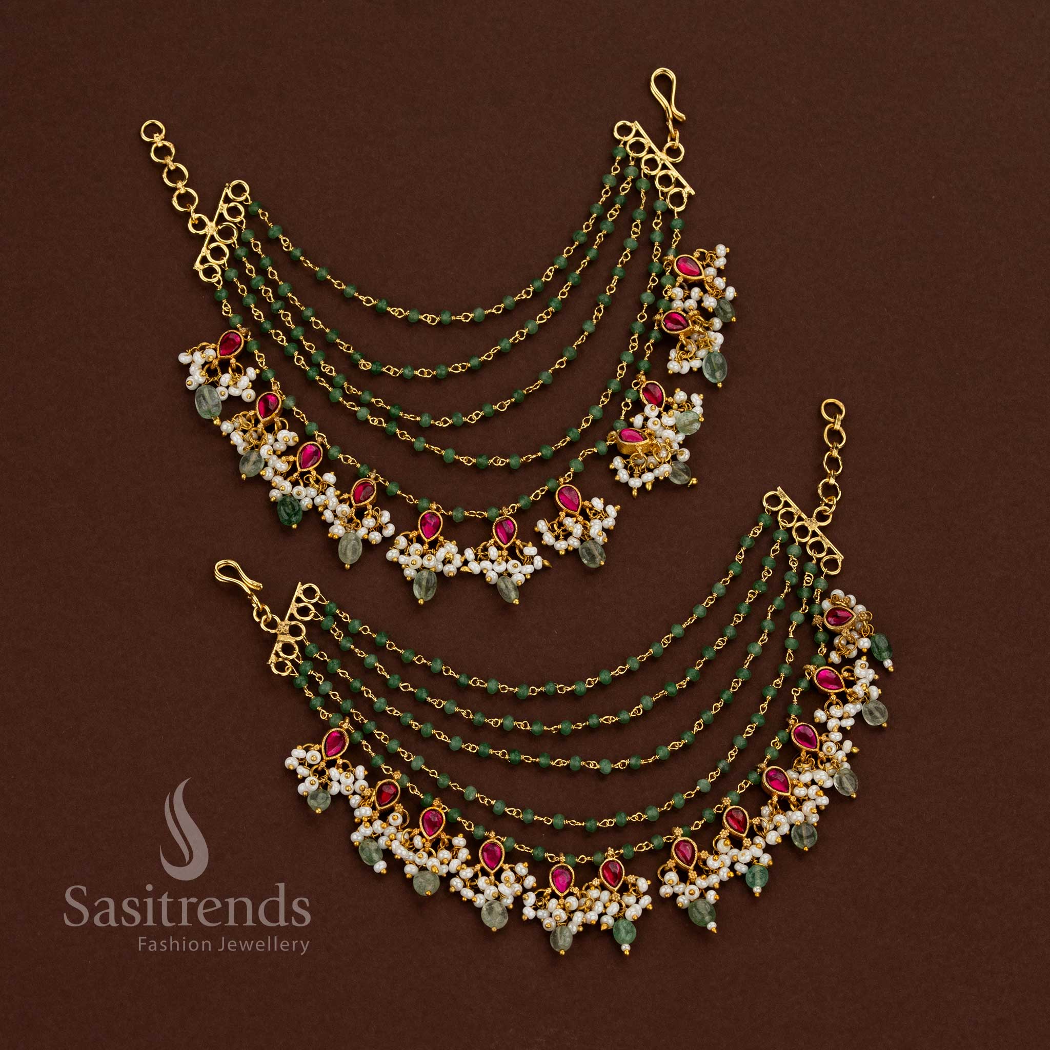Traditional Jadau Kundan gold plated 5 layer teardrop stone matil with green beads and pearls, ideal for wedding and festive jewellery – Sasitrends