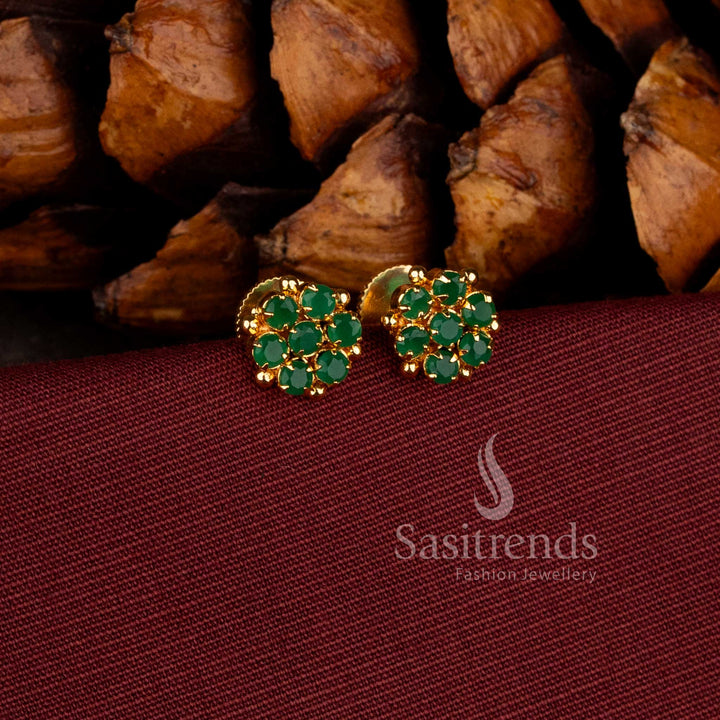 Elegant micro gold plated floral stud earrings with Green stones and American diamonds for women by Sasitrends