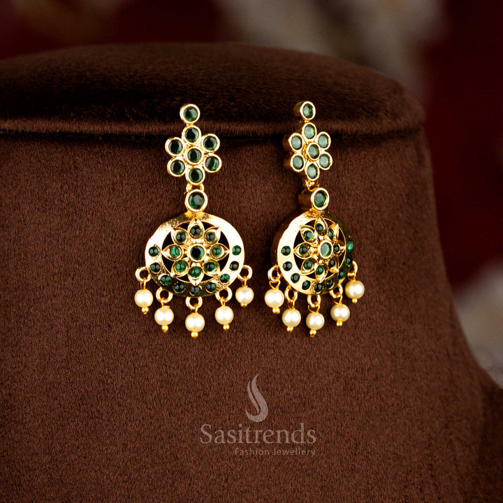 American diamond matte gold plated floral round stone traditional attigai necklace and earrings set designed for marriage celebrations, receptions and cultural festive dressing – Sasitrends
