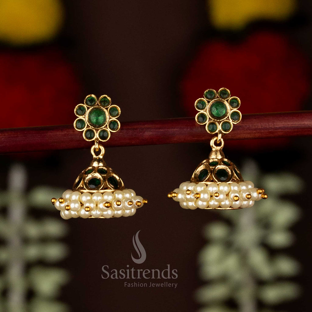 Green matte gold plated Kemp AD stone jhumka earrings with intricate pearl clustered base – Sasitrends