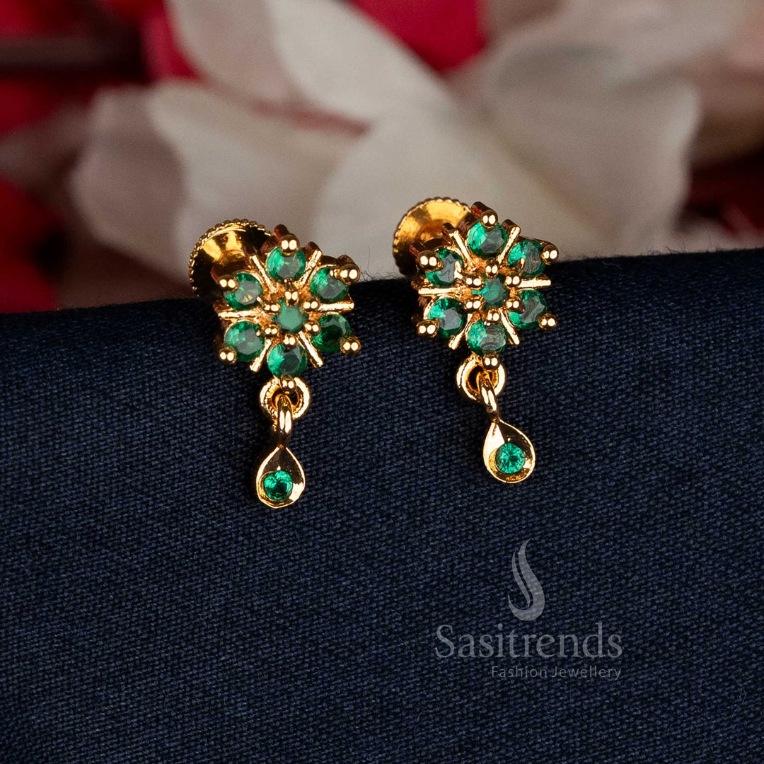 Graceful green floral AD teardrop earrings crafted in micro gold finish for elegant traditional style – Sasitrends