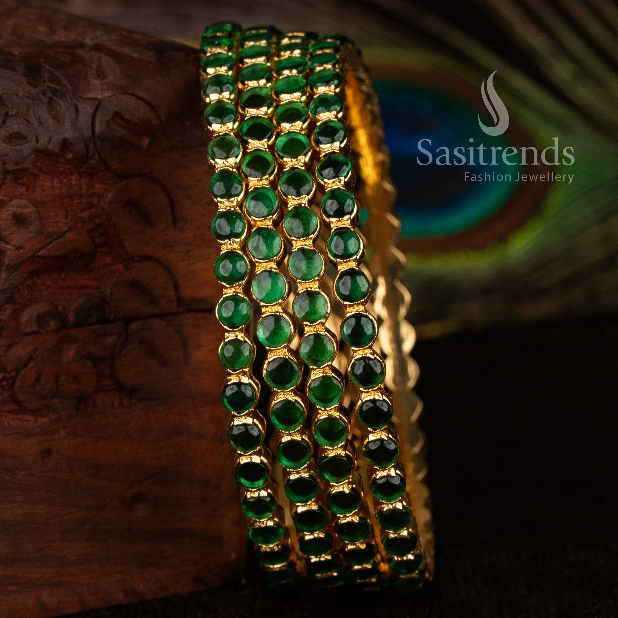 Green micro gold plated Kemp bangles with American Diamond round stone setting, ideal for traditional finger wear and festive jewellery – Sasitrends