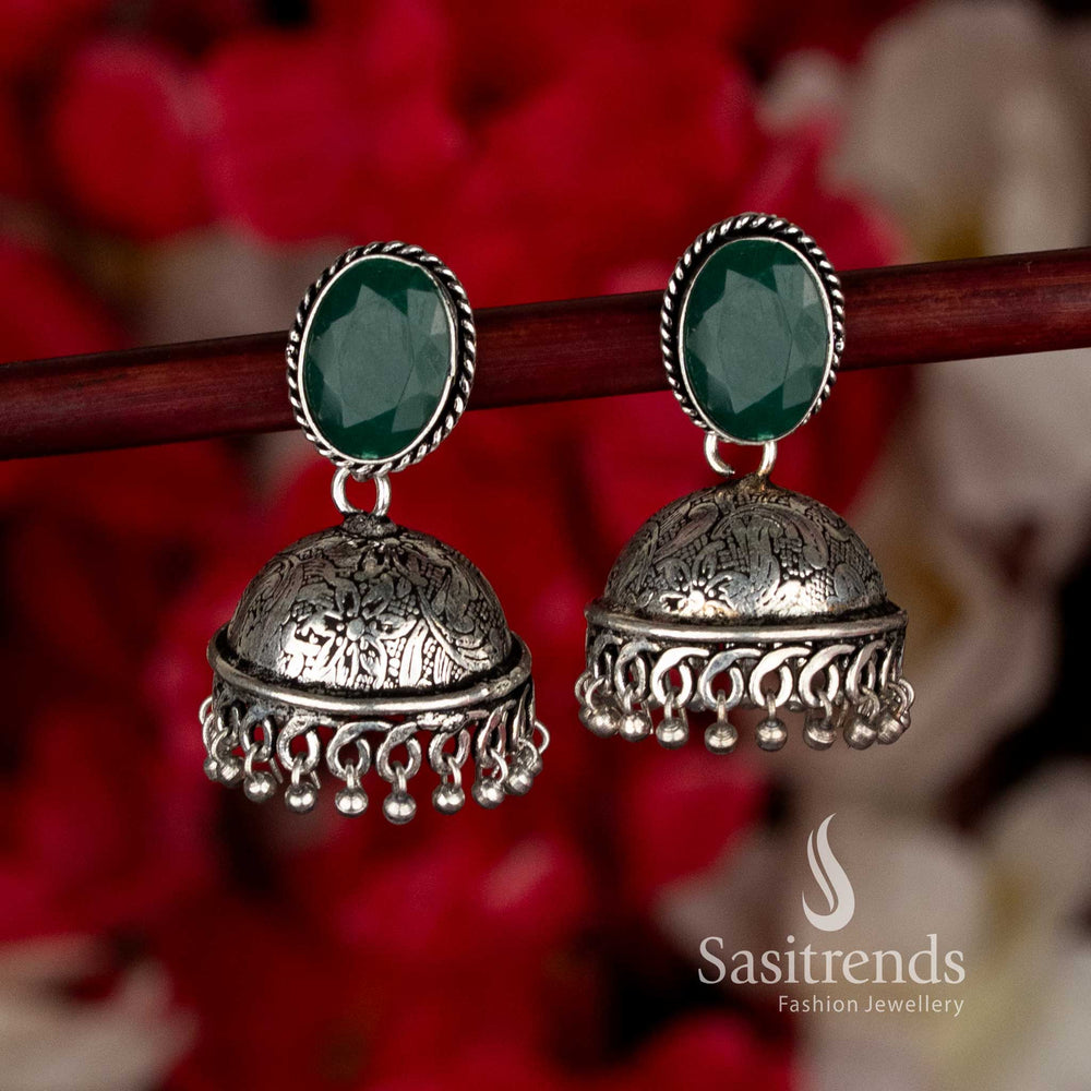 Refreshing green oxidised oval stone jhumka earrings with graceful hanging beads designed for Navaratri charm and ethnic elegance by Sasitrends