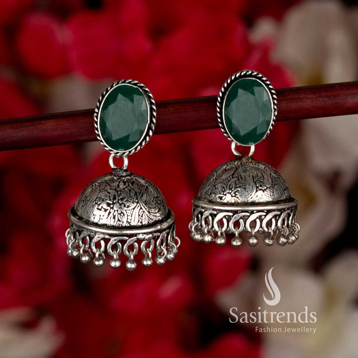 Refreshing green oxidised oval stone jhumka earrings with graceful hanging beads designed for Navaratri charm and ethnic elegance by Sasitrends